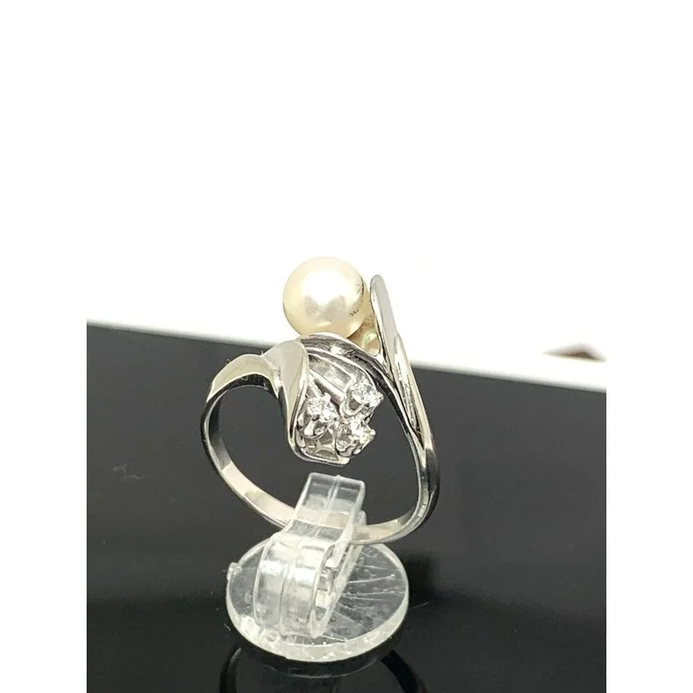 White Pearl 7mm Diamond Cocktail Ring 14k White Gold Estate Women's Size 8.25